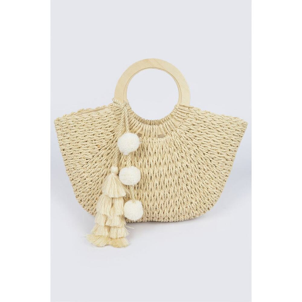 NWT Women's Boho Woven Paper Wood Handle Tasseled Tote Bag - Picture 2 of 8